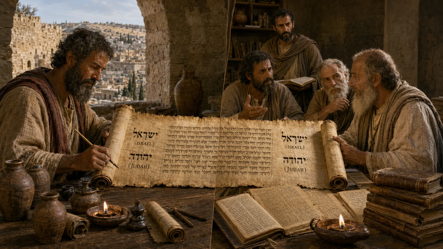 A prophetic scroll rests beside a covenant tablet beneath an ancient Jerusalem sky