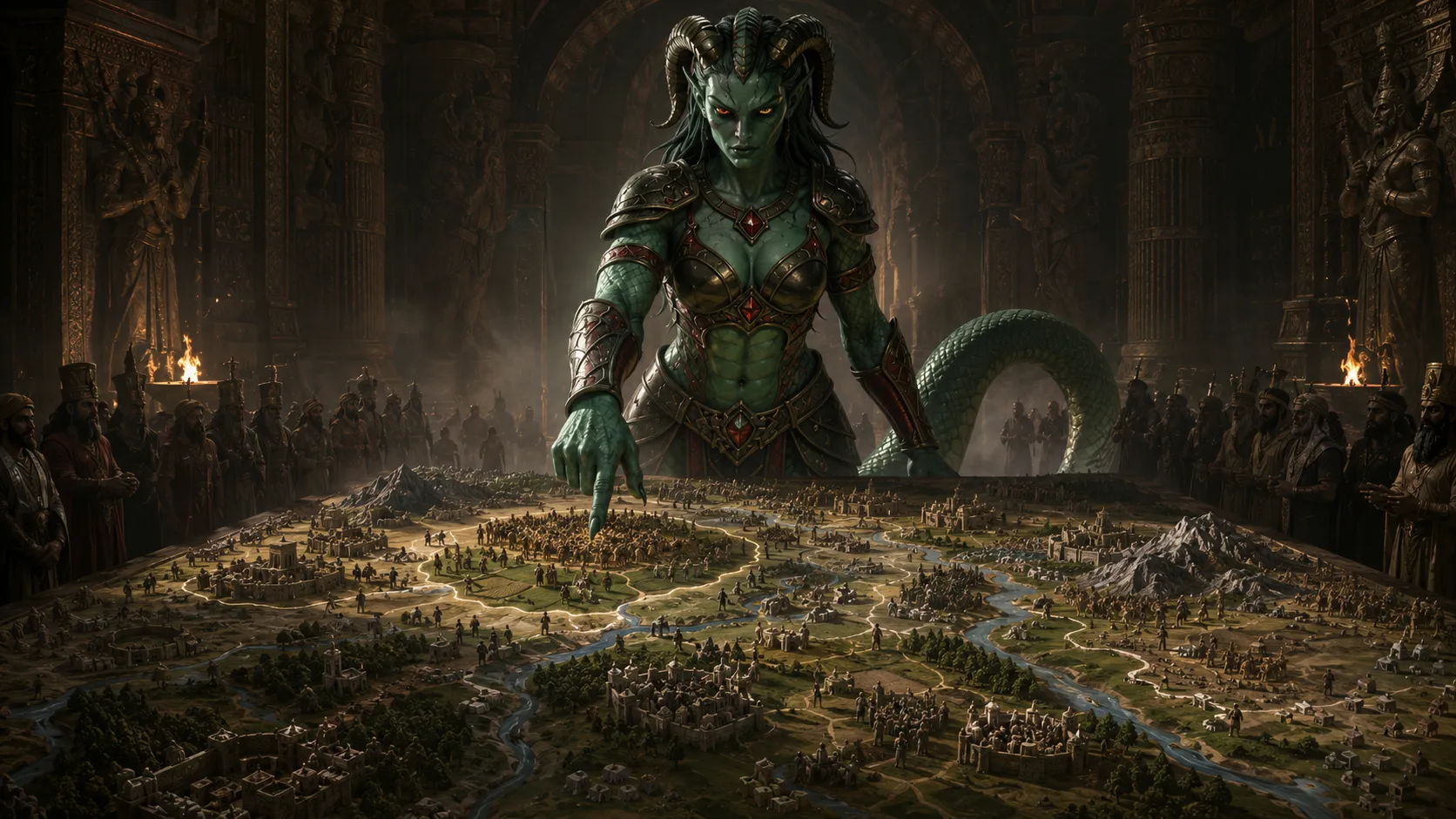 A horned figure points over a map of cities and lands while crowds gather in a dark temple