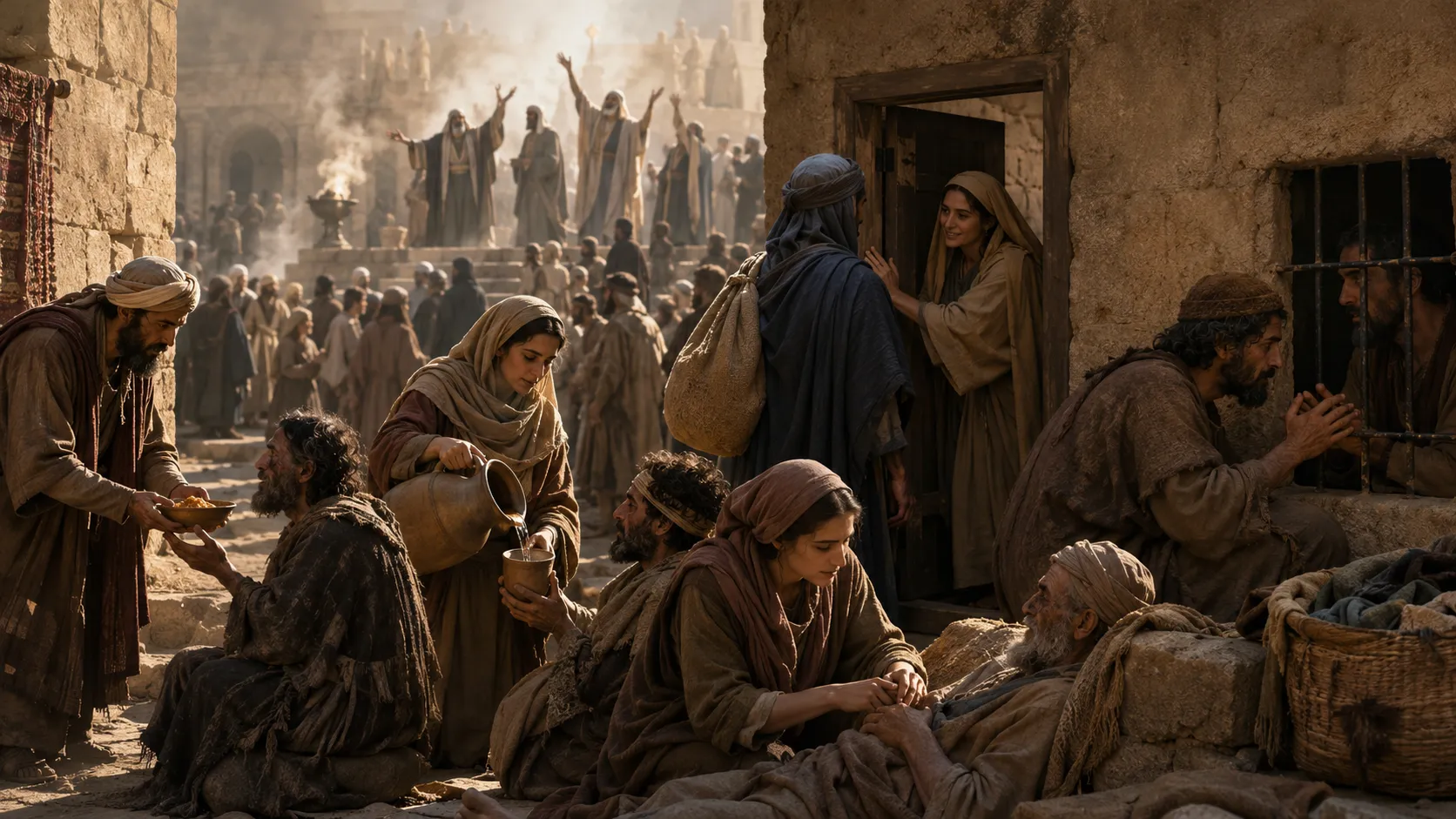 A crowded ancient town shows teachers, people in need, and a prisoner receiving care