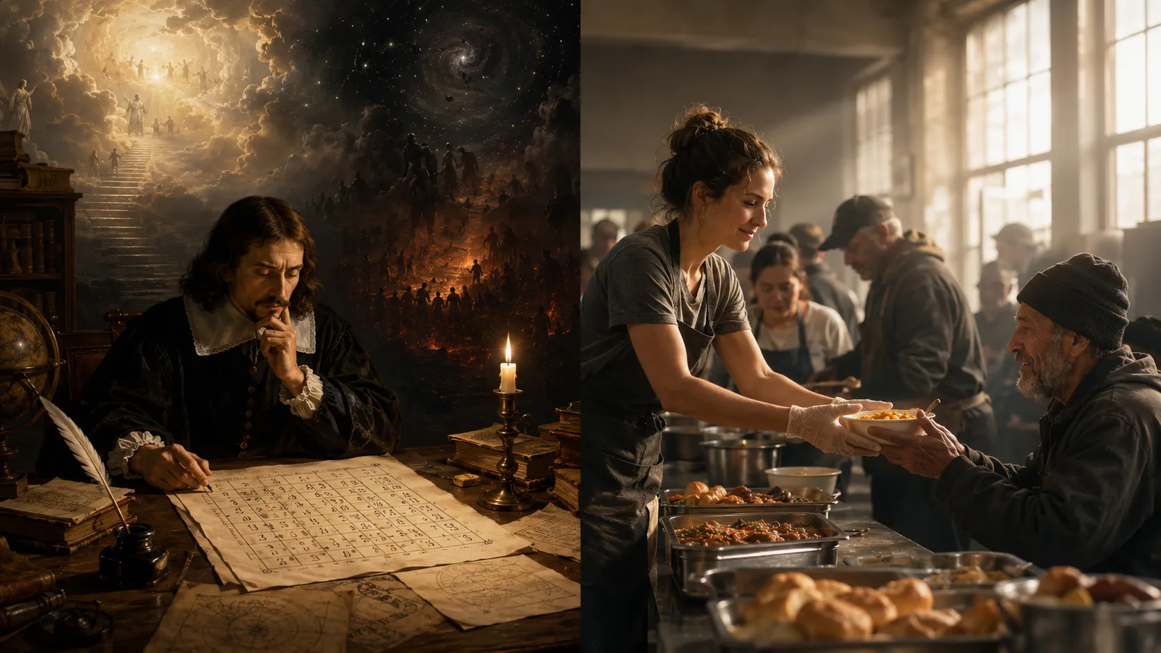 A philosopher studies a wager chart beside a volunteer serving food to an elderly man