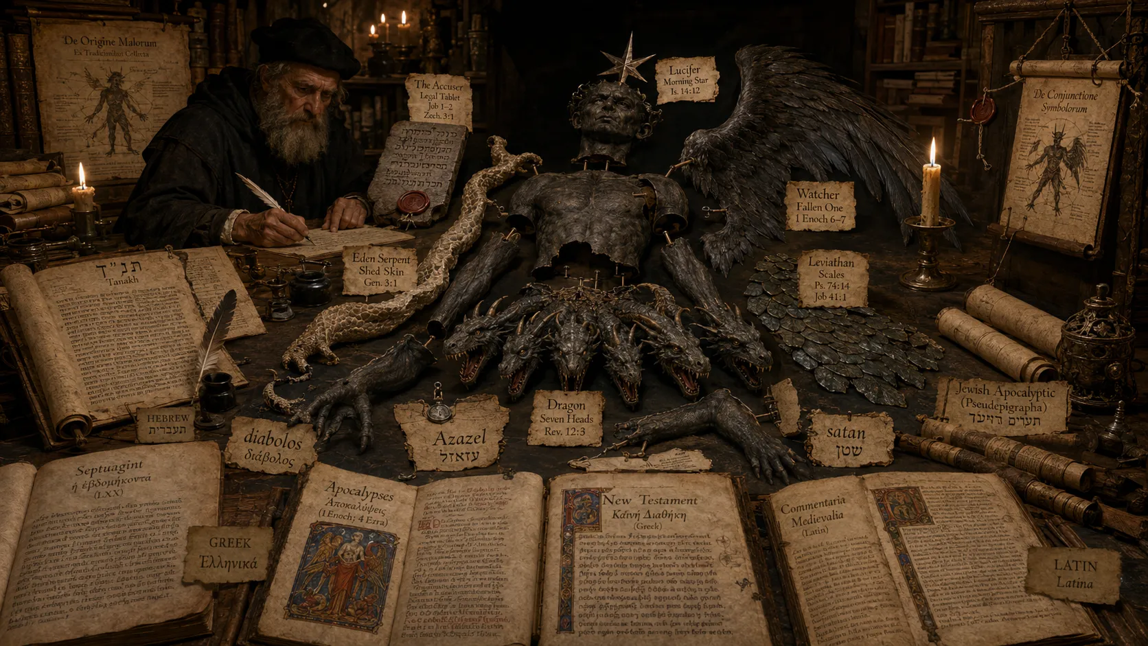 A scholar studies texts surrounded by labeled figures representing the evolving traditions of Satan