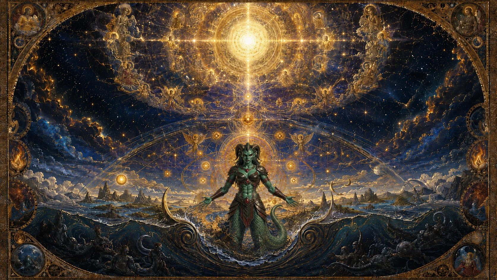 A horned figure emerges from primordial waters beneath a radiant celestial order