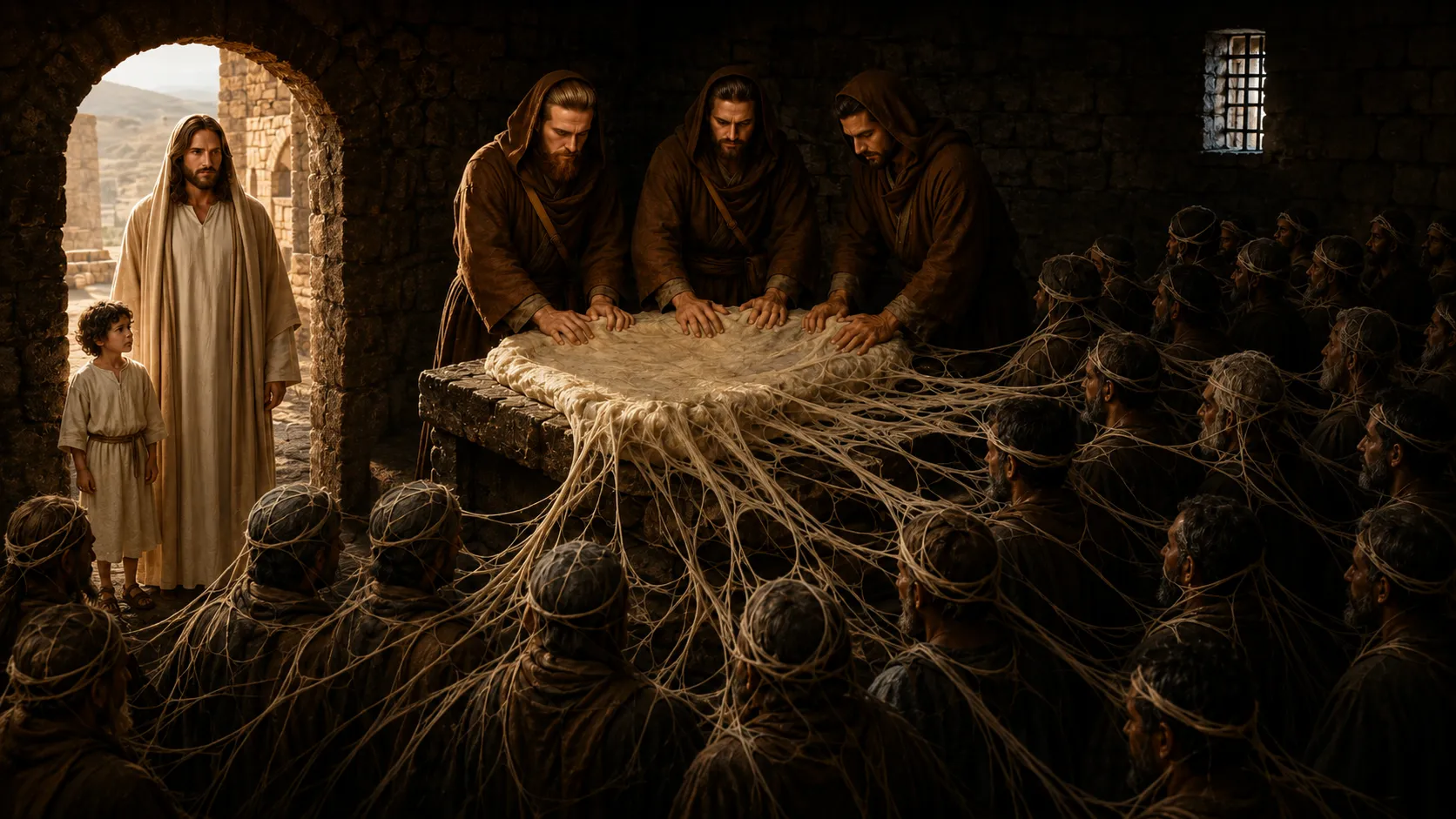 Jesus stands with a child before religious leaders gathered around a scroll