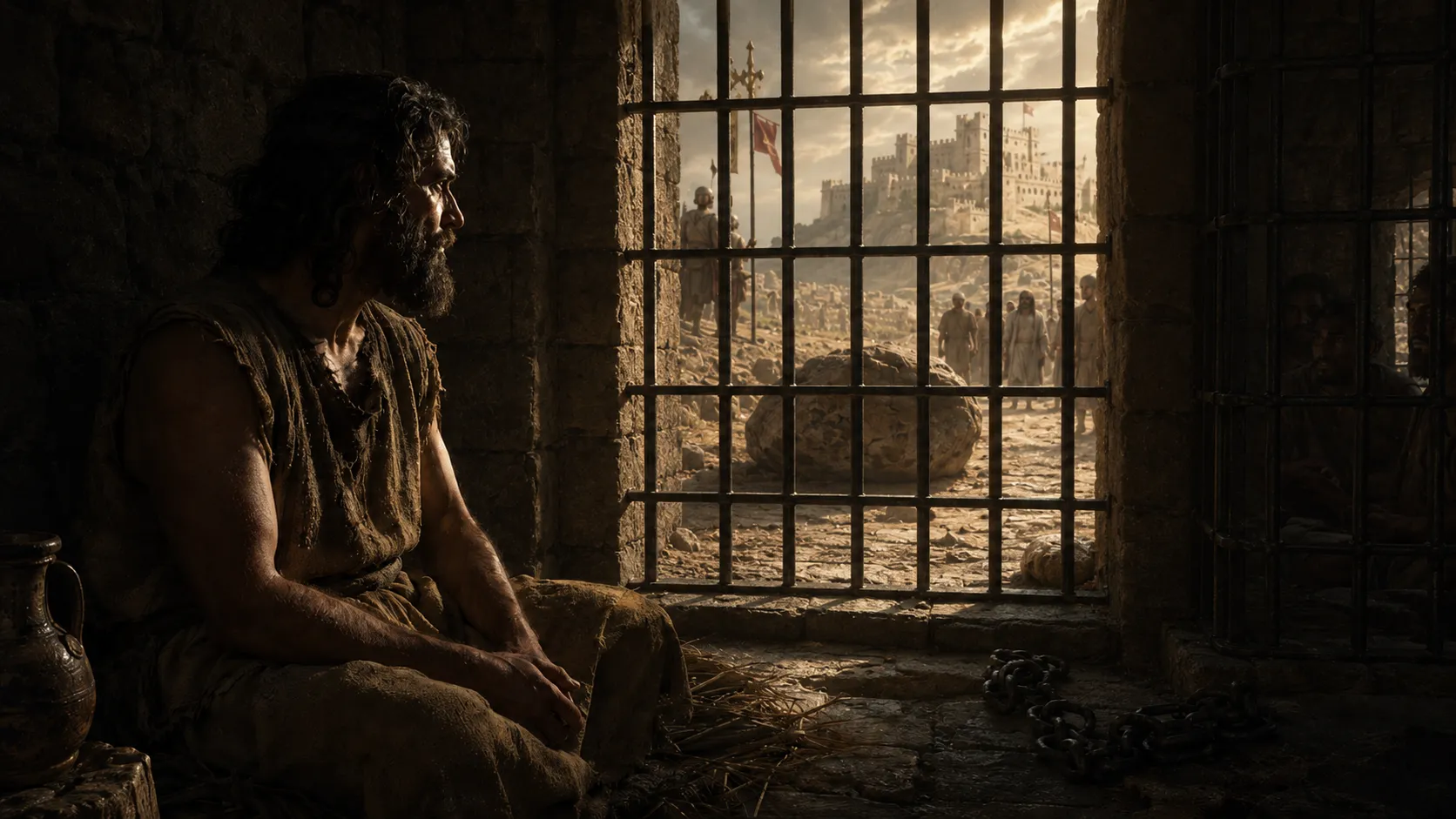 John the Baptist waits in a prison cell while a distant landscape remains unchanged