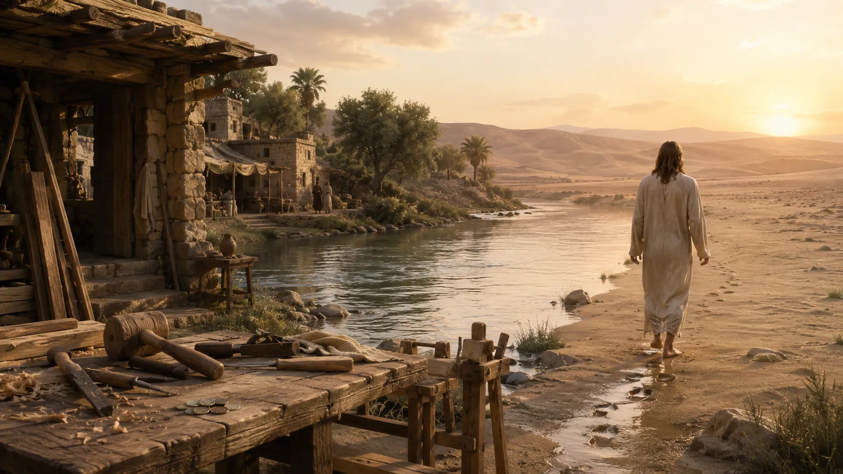 Jesus walks beside the Jordan River at sunset
