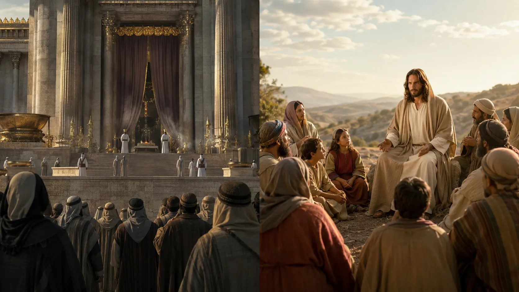 The Temple and its gathered crowds contrasted with Jesus teaching families outdoors