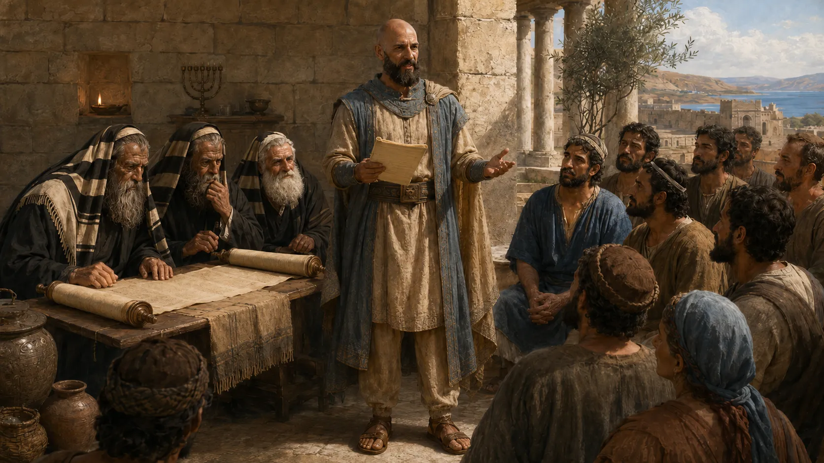 A teacher presents a scroll to a gathered audience while rabbis study Torah