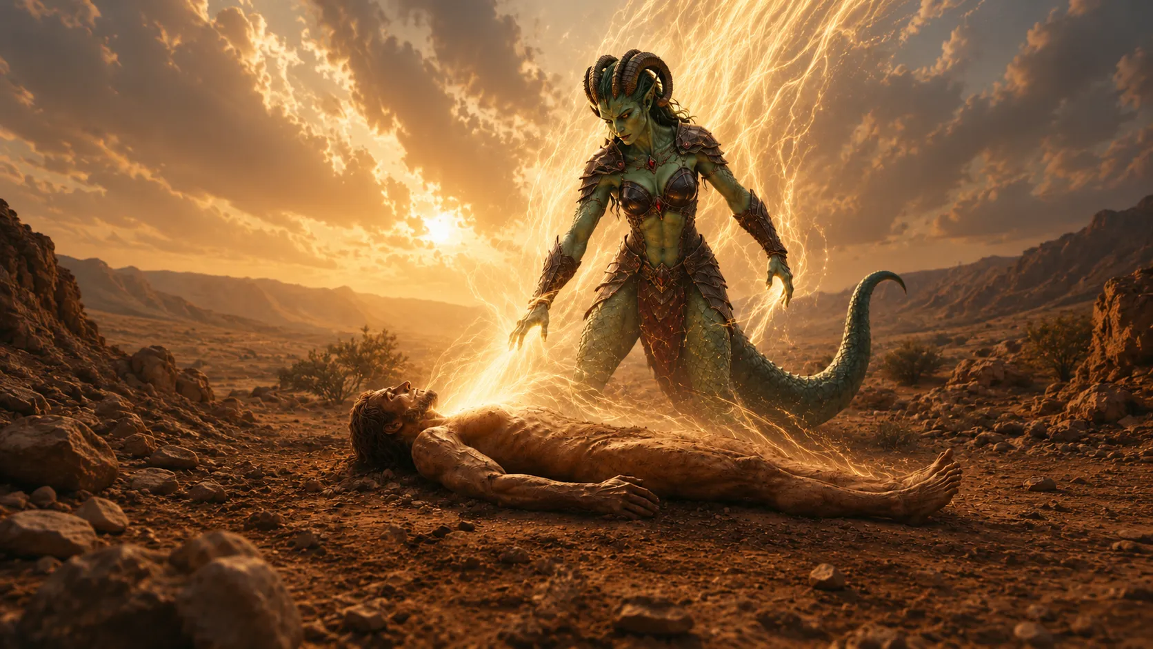 A luminous spirit figure stands over Adam’s newly formed body in a desert landscape