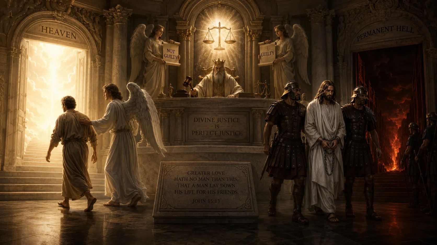 An empty tomb beneath a Roman cross at dawn