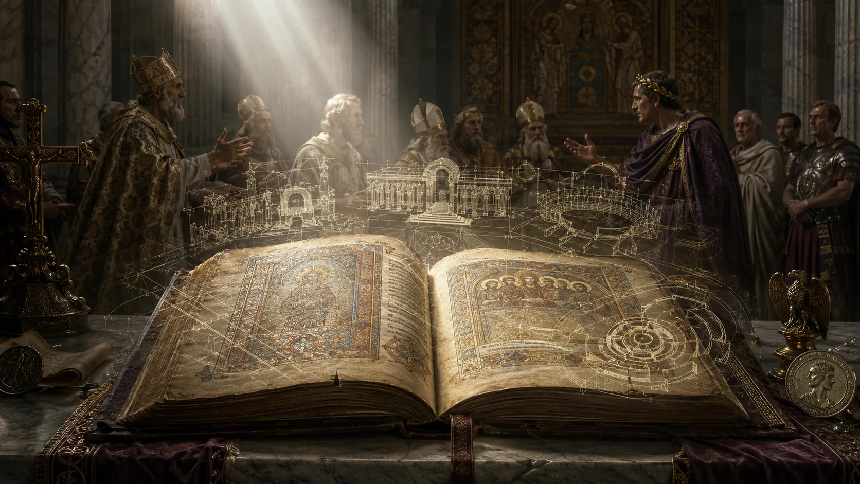 Church authorities and a Roman official debate doctrine over an illuminated open book