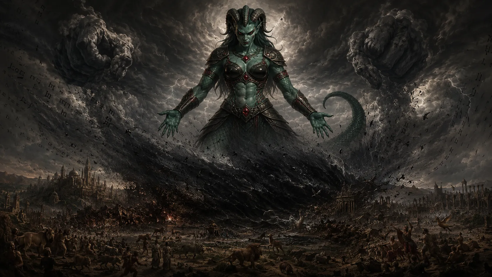 A horned figure towers over a storm-ravaged landscape filled with ruined cities and fleeing people