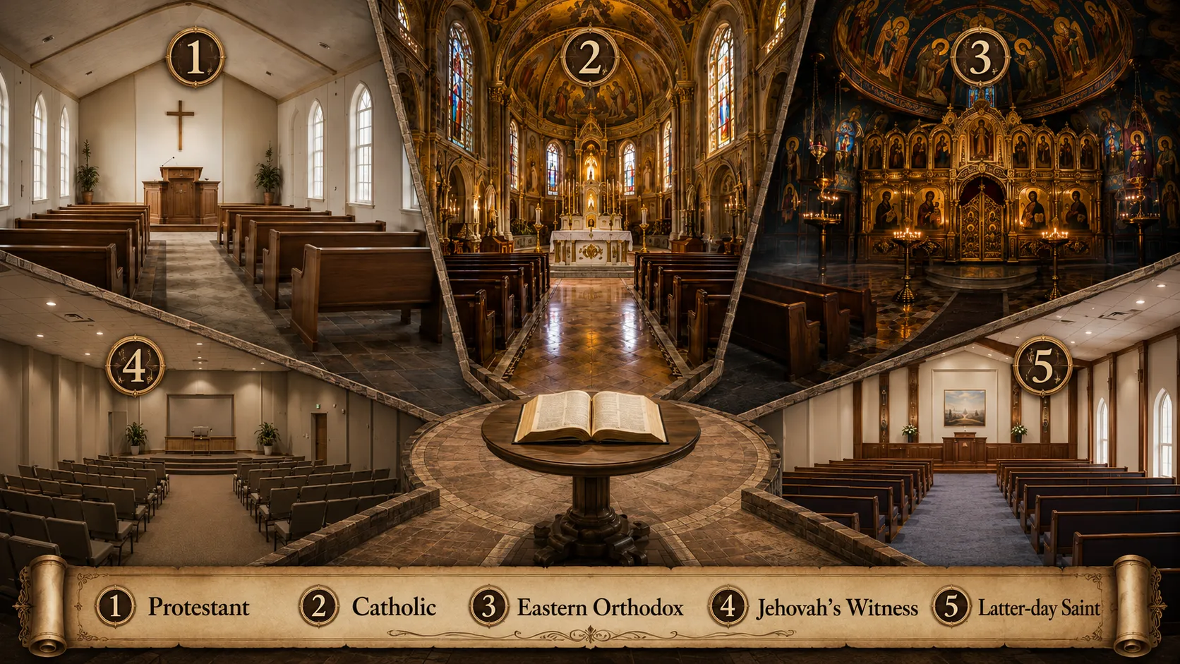 A Bible opened across three paths representing competing interpretations
