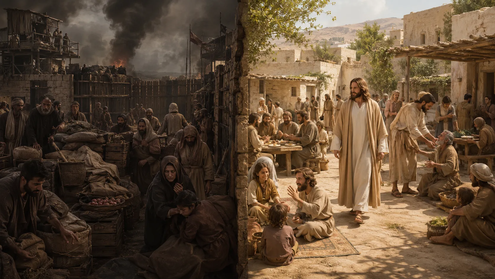 A divided scene contrasts a smoke-filled settlement with Jesus teaching and helping people in a peaceful village