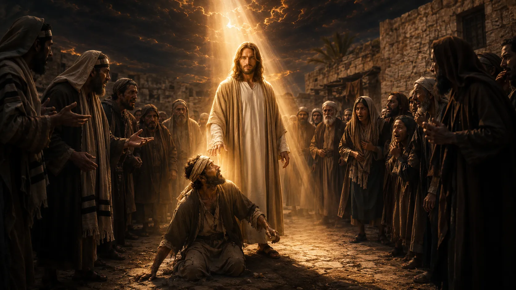 Jesus stands beneath a beam of light among gathered people as a seated man reaches toward him