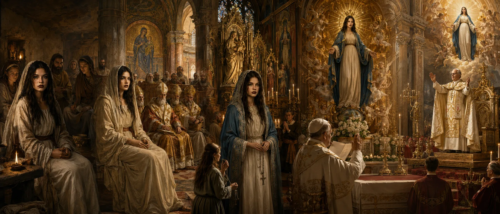 Scenes of Mary devotion and Catholic veneration fill a richly decorated church