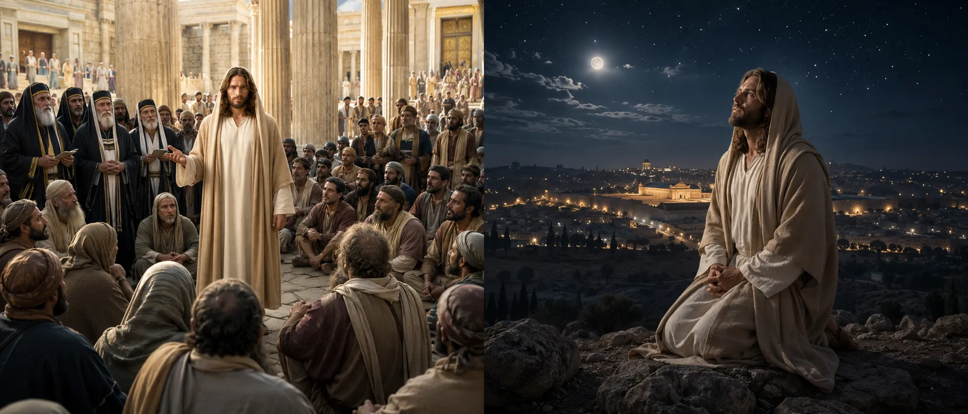 Jesus teaches among a gathered crowd beside a contrasting scene of him praying alone at night