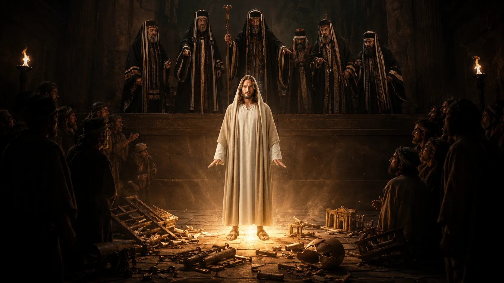 Jesus stands illuminated before Temple authorities as the surrounding Temple imagery lies broken