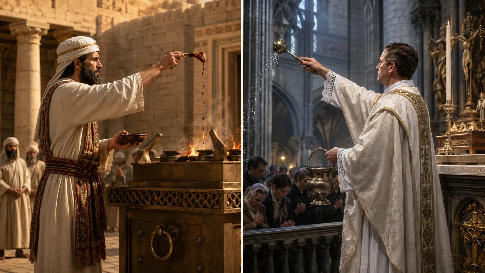A Jewish priest performs a Temple ritual beside a Christian priest performing a similar rite in a church