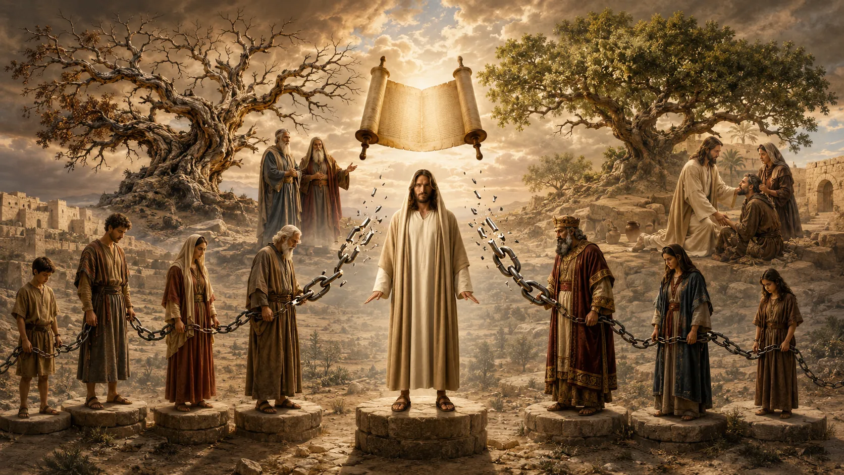 Jesus stands beneath a scroll as broken chains separate people representing law, power, and bondage