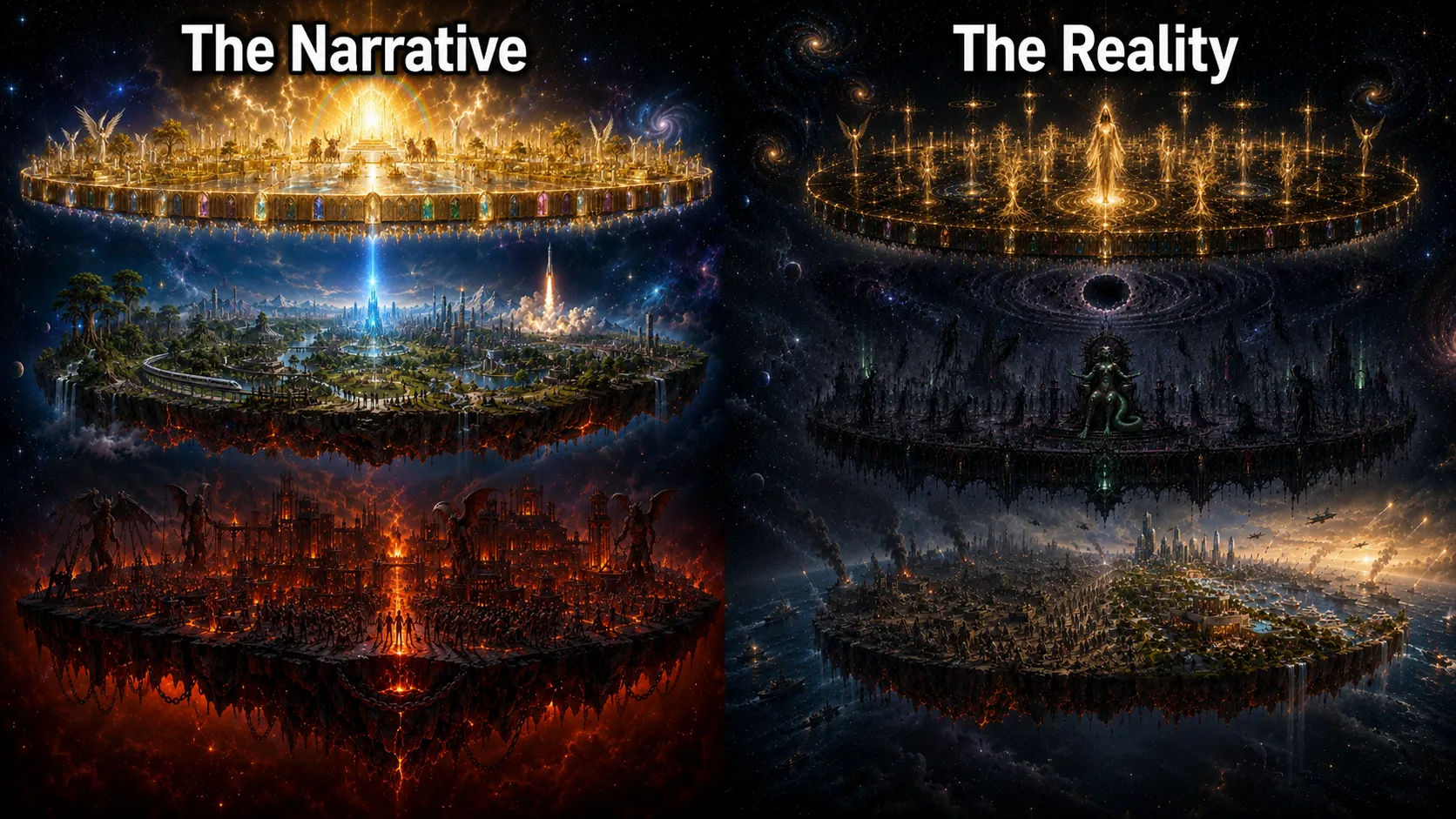 Three realms rise from the earth toward a radiant heaven and a shadowed underworld
