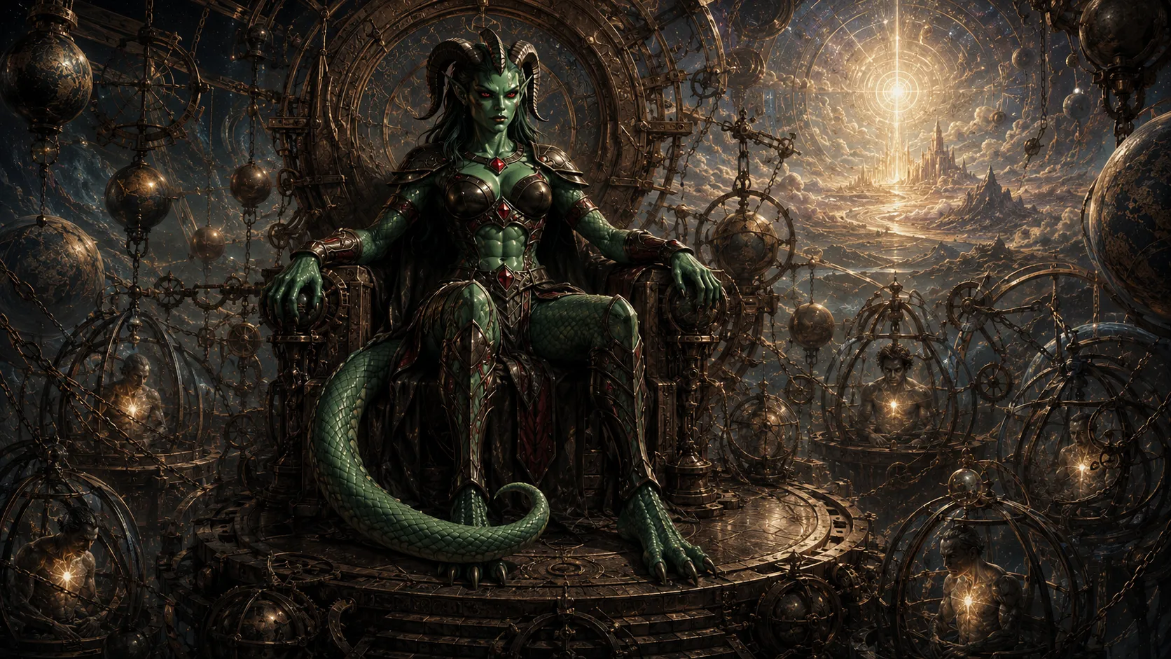 A radiant, enthroned figure looks over an ancient city beneath a stormy sky