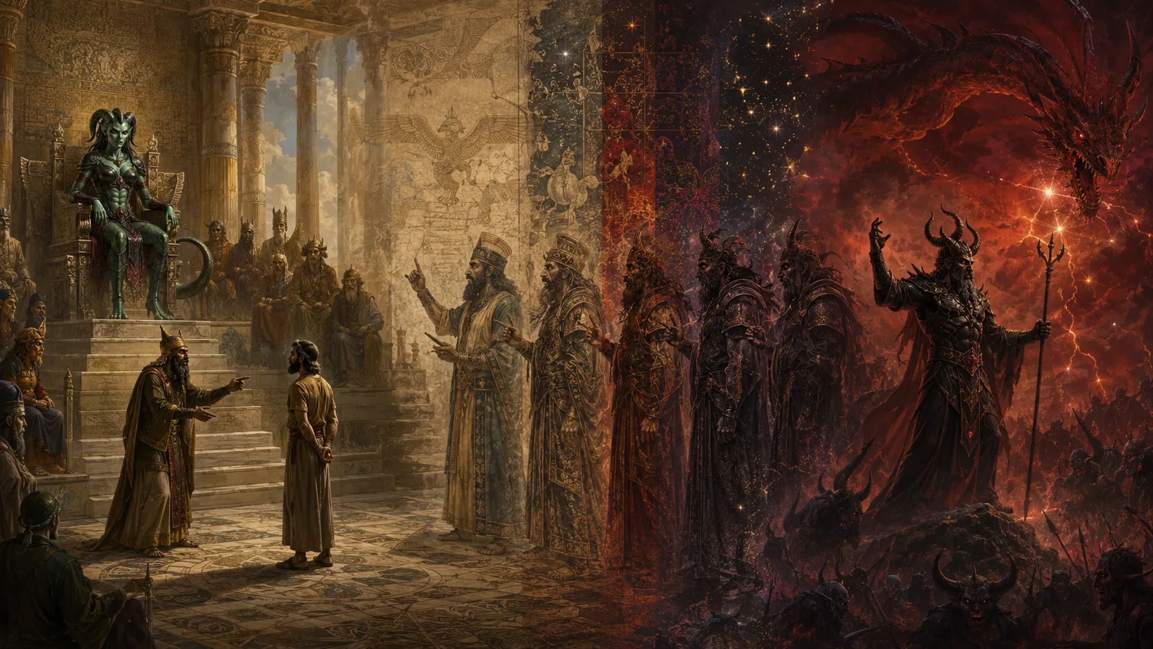 A celestial conflict dissolving into ancient manuscript pages, symbolizing the myth of a war in heaven